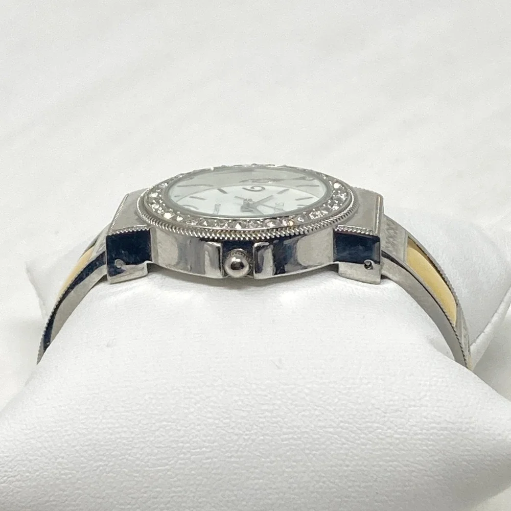 Studio Time Watch Women 32mm Silver Tone Yellow MOP Inlay Cuff Bling New Battery